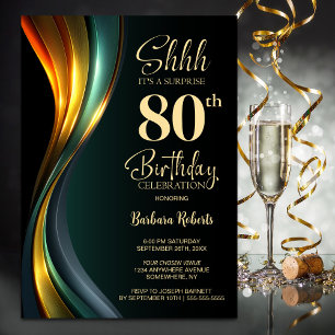 Modern Black and Gold Surprise 80th Birthday Party Invitation