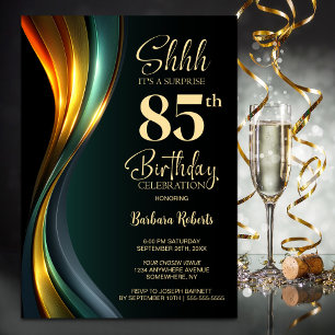 Modern Black and Gold Surprise 85th Birthday Party Invitation