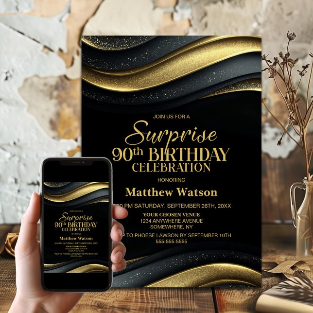 Modern Black and Gold Surprise 90th Birthday Party Invitation (Creator Uploaded)