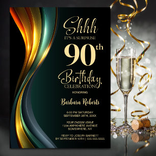 Modern Black and Gold Surprise 90th Birthday Party Invitation