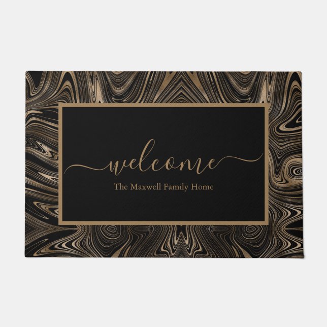  Modern black and gold swirl family name welcome Doormat (Front)
