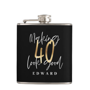 Modern black and gold typography 40th birthday hip flask