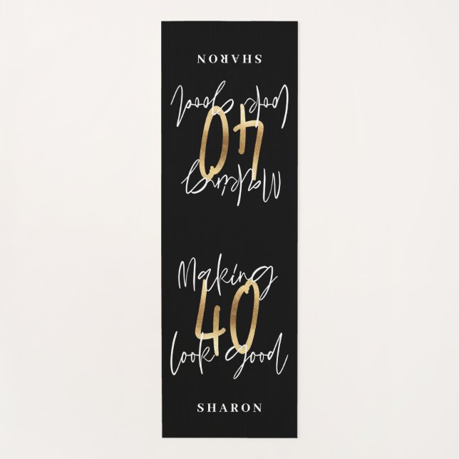 Modern black and gold typography 40th birthday yoga mat (Front)