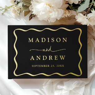Modern Black and Gold Wavy Frame Photo Wedding Guest Book