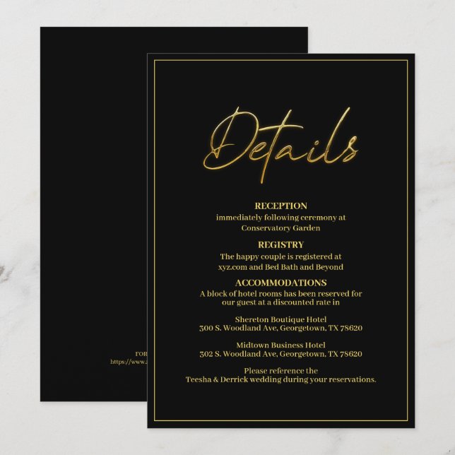 Modern Black and Gold Wedding Details Card (Front/Back)