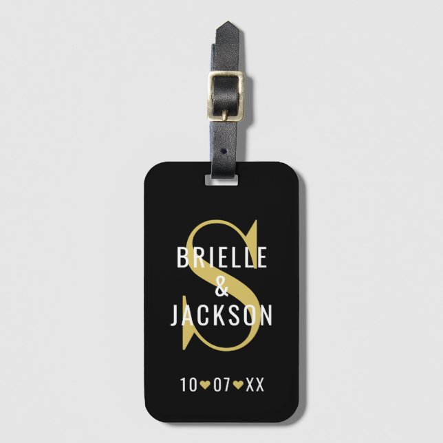 Modern Black and Gold Wedding Monogram Luggage Tag (Front Vertical)