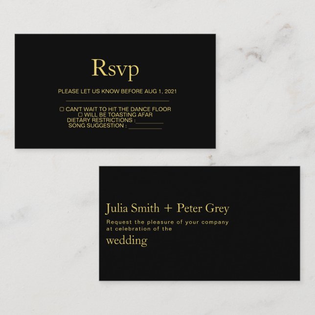 Modern Black and Gold Wedding Rsvp Card (Front/Back)