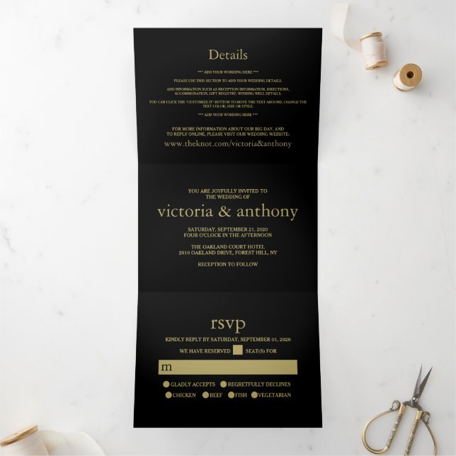 Modern Black and Gold Wedding Suite Tri-Fold Invitation (Inside)