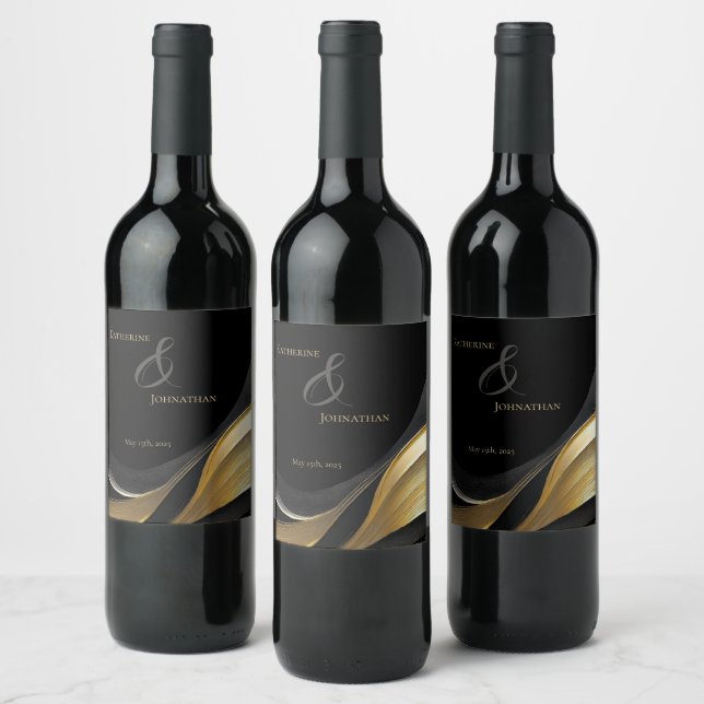 Modern Black and Gold Wedding  Wine Label (Bottles)