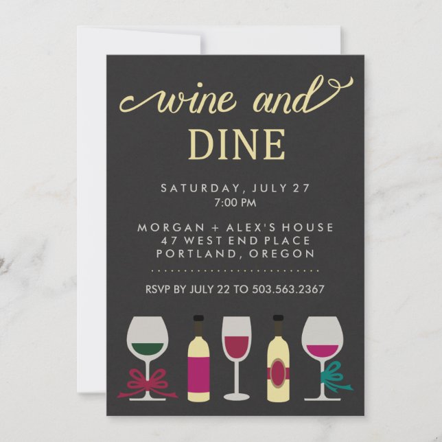 Modern Black and Gold Wine Party Bottles and Glass Invitation (Front)