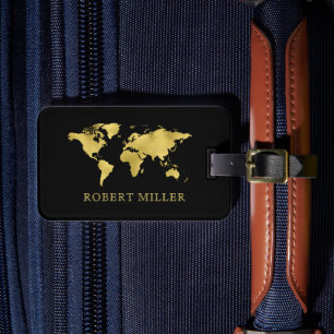 Modern Black and Gold World Map Personalised Luggage Tag