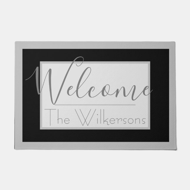 Modern Black and Gray Elegant Custom Family Name Doormat (Front)
