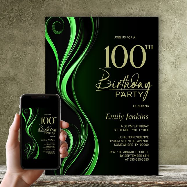 Modern Black and Green 100th Birthday Party Invitation (Creator Uploaded)