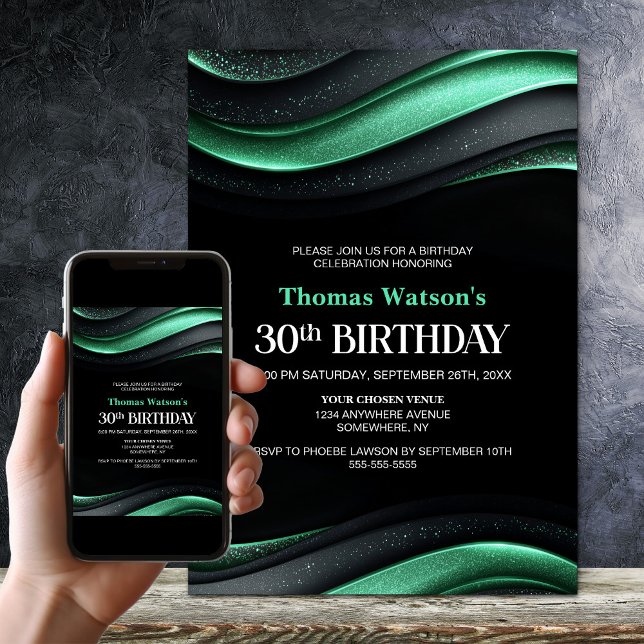 Modern Black and Green 30th Birthday Party Invitation (Creator Uploaded)