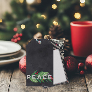 Modern Black and Green with Holly Berry Peace Gift Tags