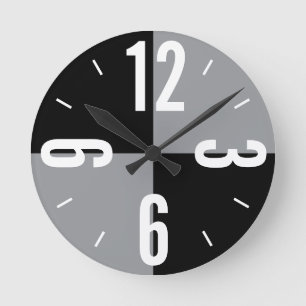 Modern black and grey colour blocks large numbers  round clock