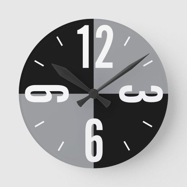 Modern black and grey colour blocks large numbers  round clock (Front)