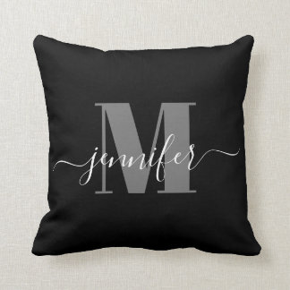 Modern Black and Grey Elegant Monogram Name Cushion