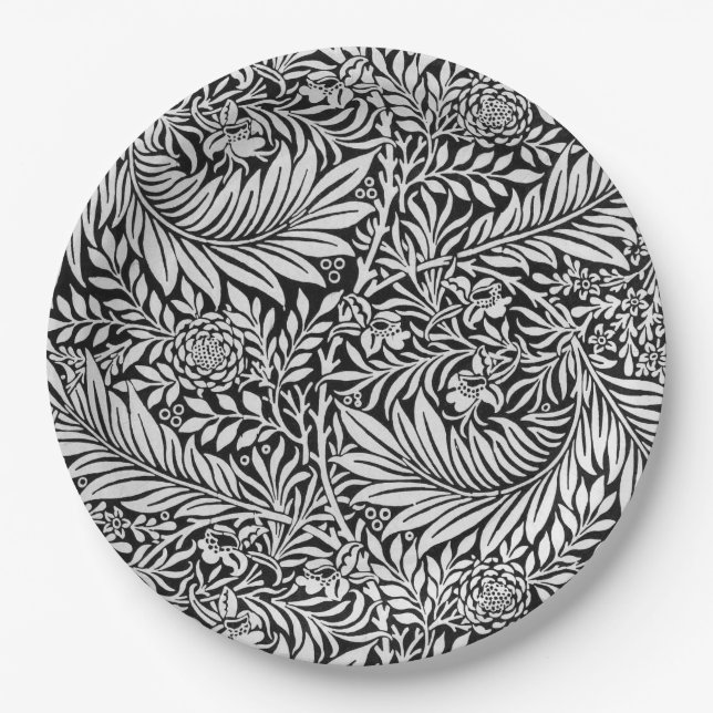 Modern Black and Grey Floral Botanical Paper Plate (Front)