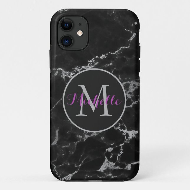 Modern Black And Grey Marble Stone Monogram Case-Mate iPhone Case (Back)