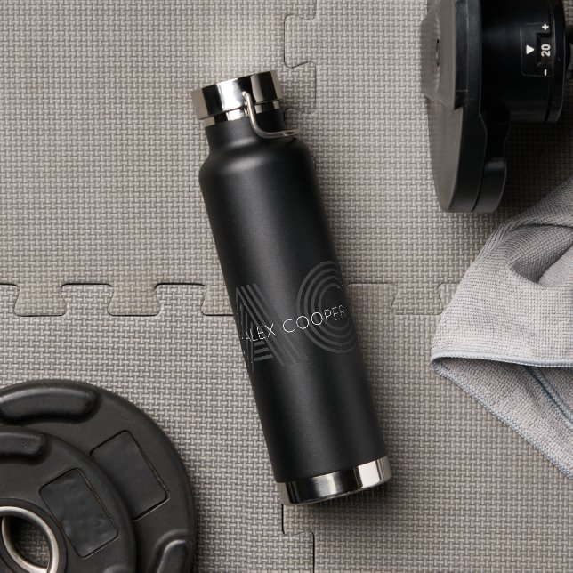 Modern Black and Grey Monogram Water Bottle (Gym)