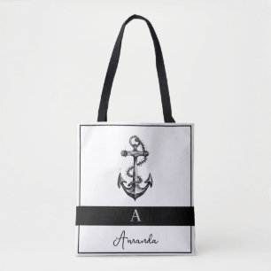 Modern Black and Grey Nautical Anchor Monogramed Tote Bag