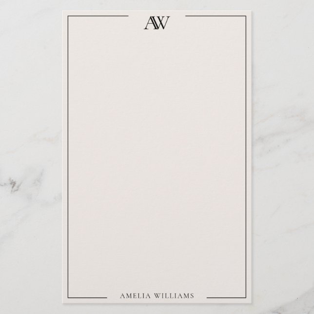 Modern Black and Ivory Minimalist Elegant Monogram Stationery (Front)