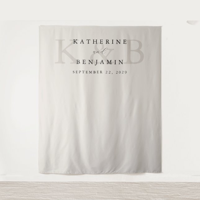 Modern Black and Ivory Monogram Wedding Backdrop Tapestry (Front)
