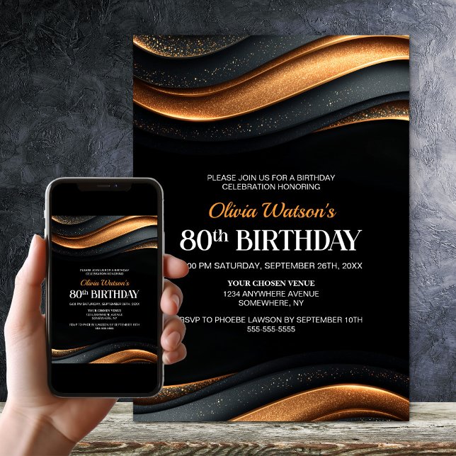 Modern Black and Orange 80th Birthday Party Invitation (Creator Uploaded)