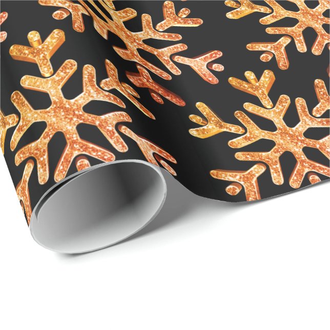 Modern Black and Orange Christmas Snowflakes Wrapping Paper (Roll Corner)