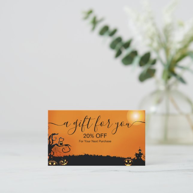 Modern Black and Orange Halloween  Discount Card (Standing Front)