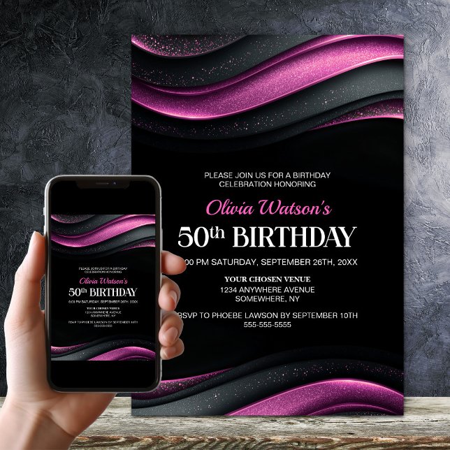 Modern Black and Pink 50th Birthday Party Invitation (Creator Uploaded)