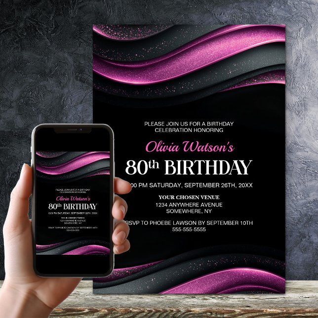 Modern Black and Pink 80th Birthday Party Invitation (Creator Uploaded)