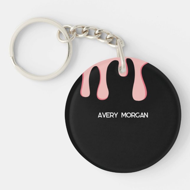 Modern Black and Pink Drip Name Key Ring (Front)