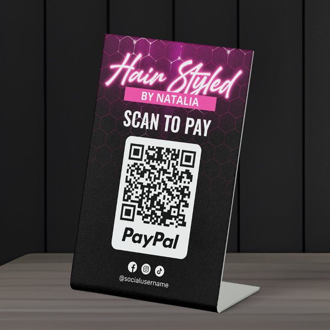Modern Black and Pink Hair Stylist PayPal Payment Pedestal Sign (Creator Uploaded)