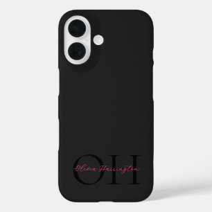 Modern Black and Pink Script Classic Monogram iPhone 16 Case