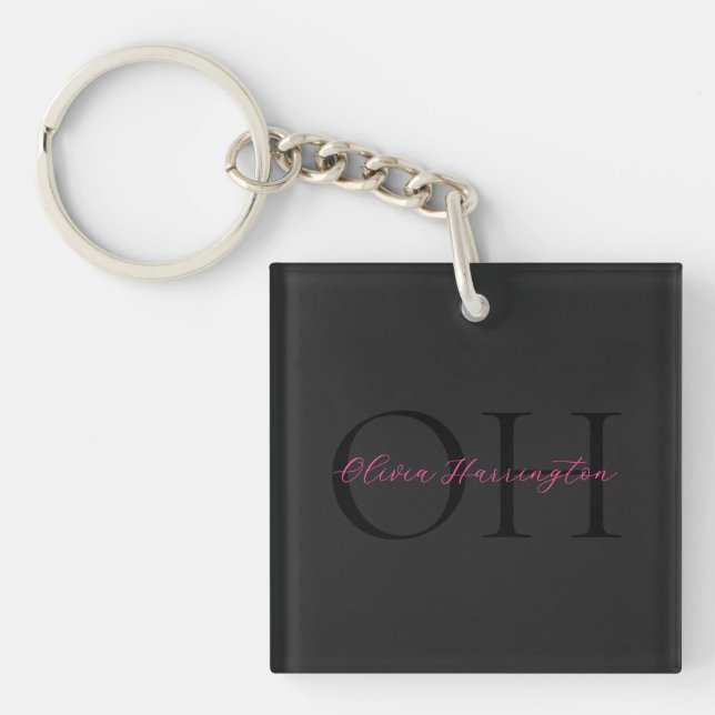 Modern Black and Pink Script Classic Monogram Key Ring (Front)
