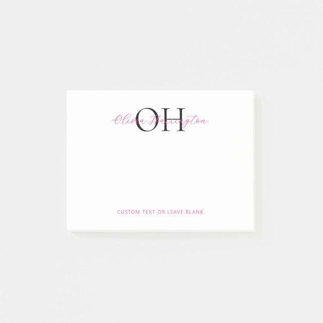 Modern Black and Pink Script Classic Monogram Post-it Notes (Front)