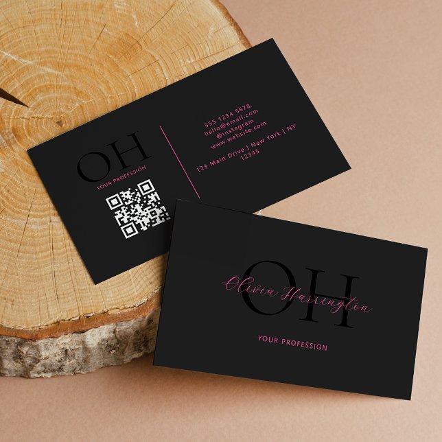 Modern Black and Pink Script QR Code Business Card (Creator Uploaded)
