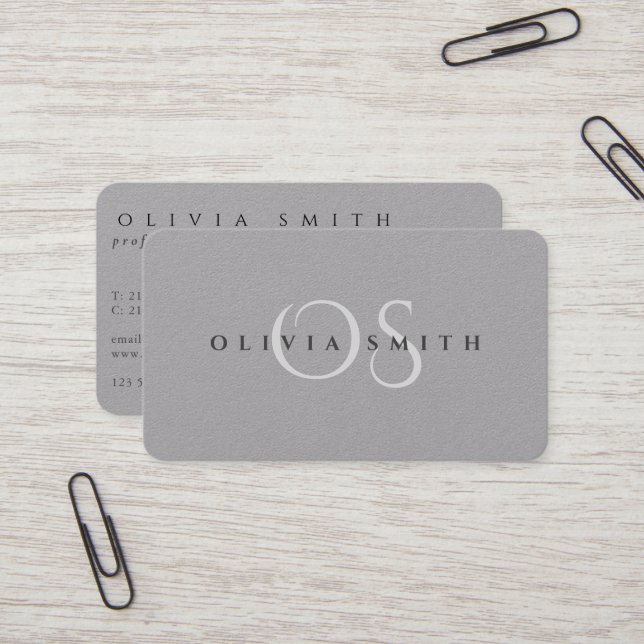 Modern Black and Premium Grey Monogrammed QR Business Card (Front/Back In Situ)