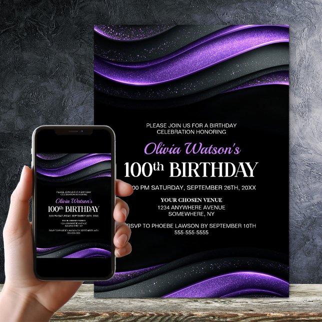 Modern Black and Purple 100th Birthday Party Invitation (Creator Uploaded)