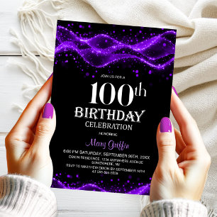Modern Black and Purple 100th Birthday Party Invitation