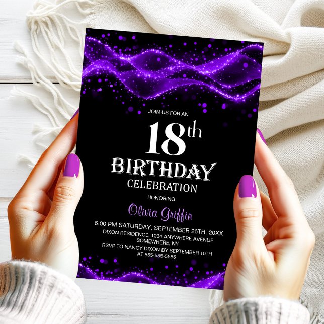 Modern Black and Purple 18th Birthday Party Invitation (Creator Uploaded)