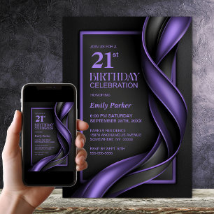Modern Black and Purple 21st Birthday Party Invitation