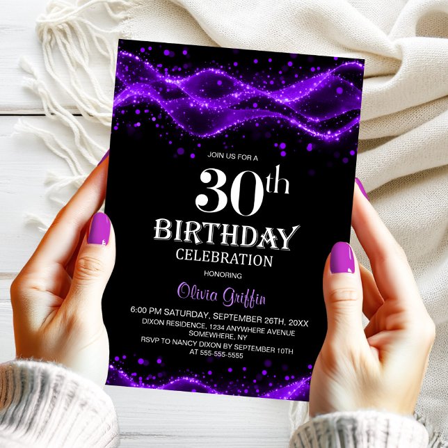 Modern Black and Purple 30th Birthday Party Invitation (Creator Uploaded)