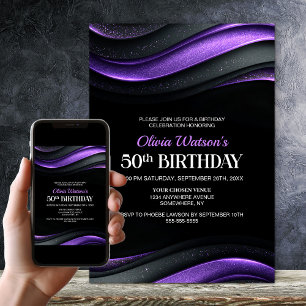 Modern Black and Purple 50th Birthday Party Invitation