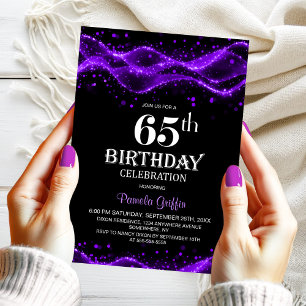 Modern Black and Purple 65th Birthday Party Invitation