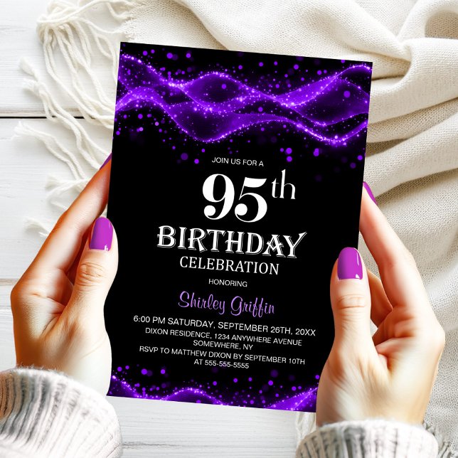 Modern Black and Purple 95th Birthday Party Invitation (Creator Uploaded)