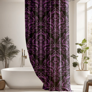 Modern Black And Purple Damask Pattern Shower Curtain