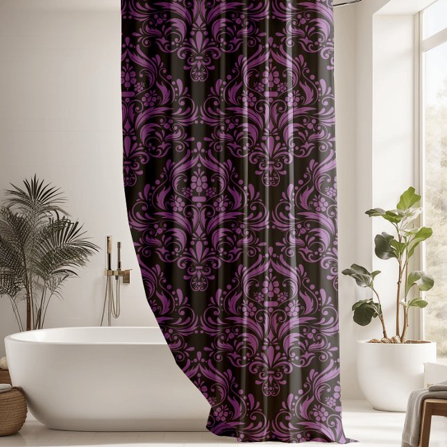 Modern Black And Purple Damask Pattern Shower Curtain (Creator Uploaded)